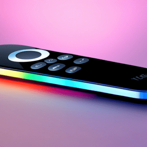 A close-up shot of an Apple TV remote with glowing subtitles emerging from the screen, highlighting the new subtitle enhancements in tvOS 18.